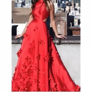 Red 3D Floral Formal Evening Gown Maxie Dress